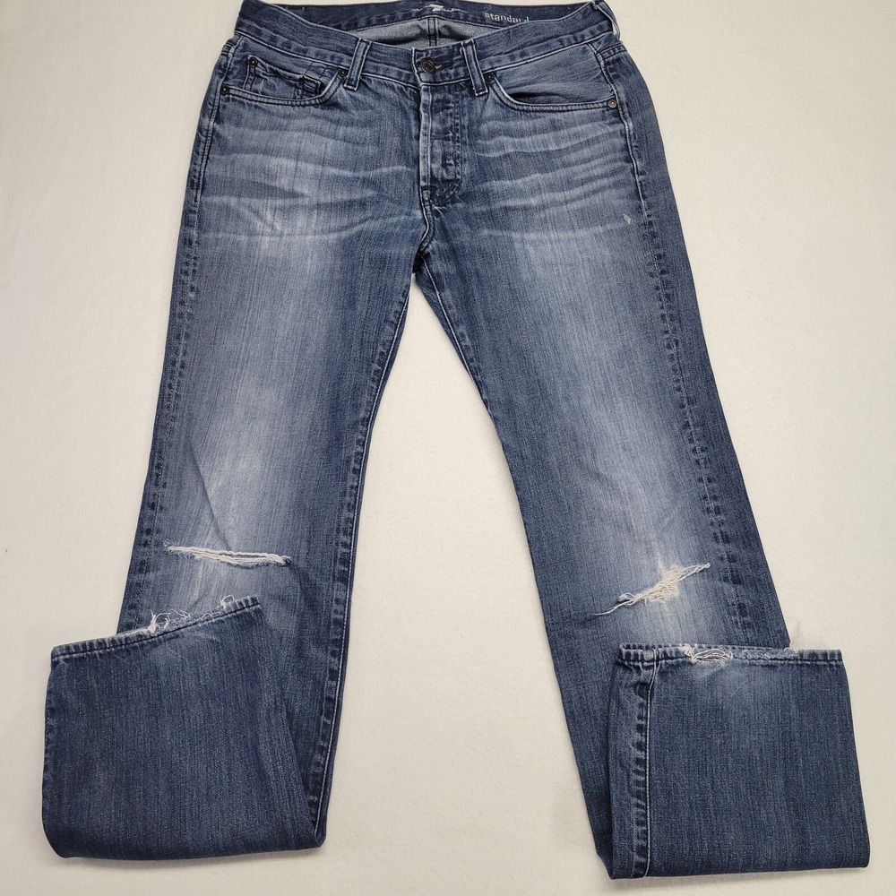 7 For All Mankind Standard Straight Leg Jeans Mens 32‎ Medium Wash Distressed